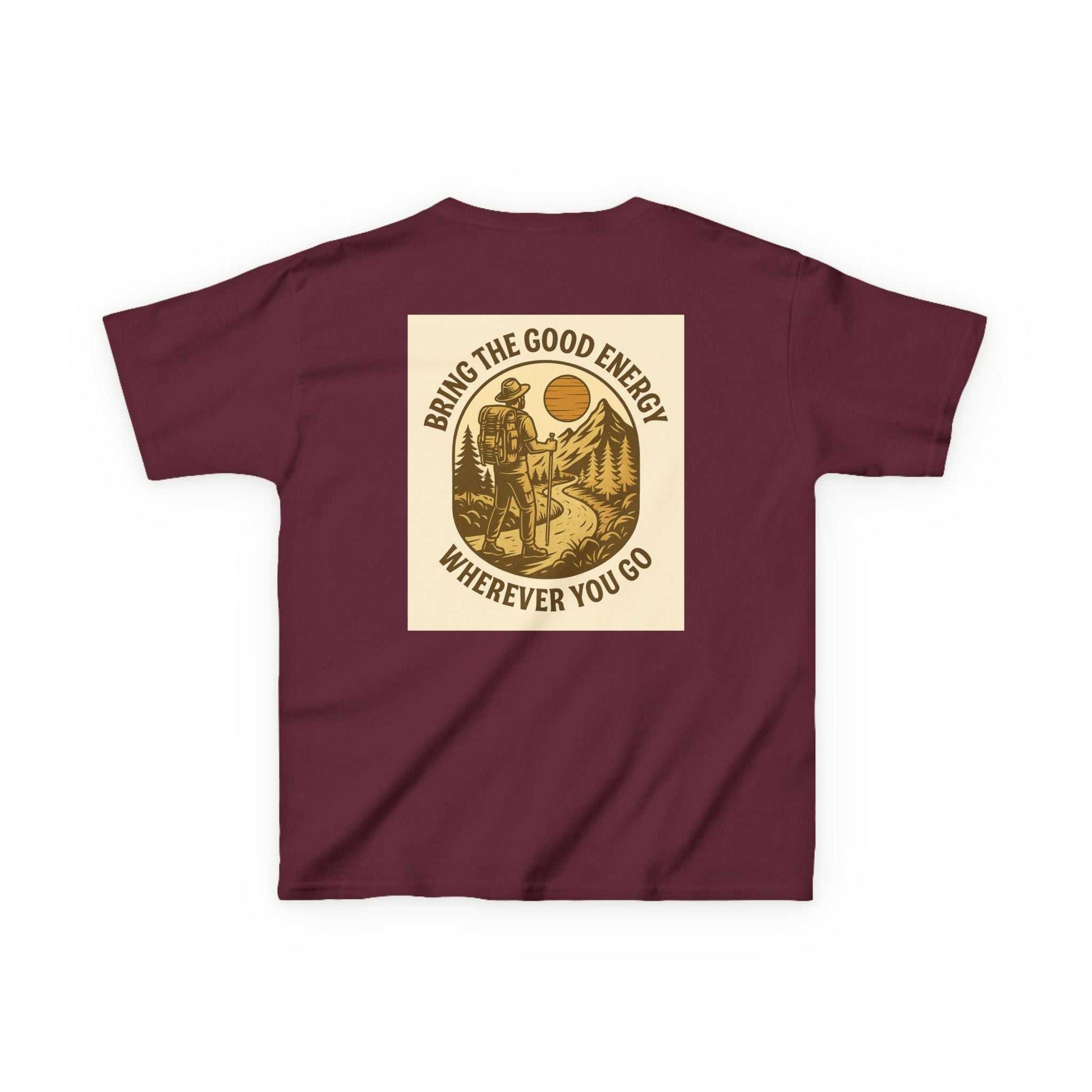 Nature-inspired Adventure Kids Tee with motivational design "Bring The Good Energy Wherever You Go" on back.