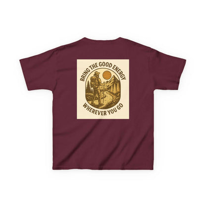 Nature-inspired Adventure Kids Tee with motivational design "Bring The Good Energy Wherever You Go" on back.