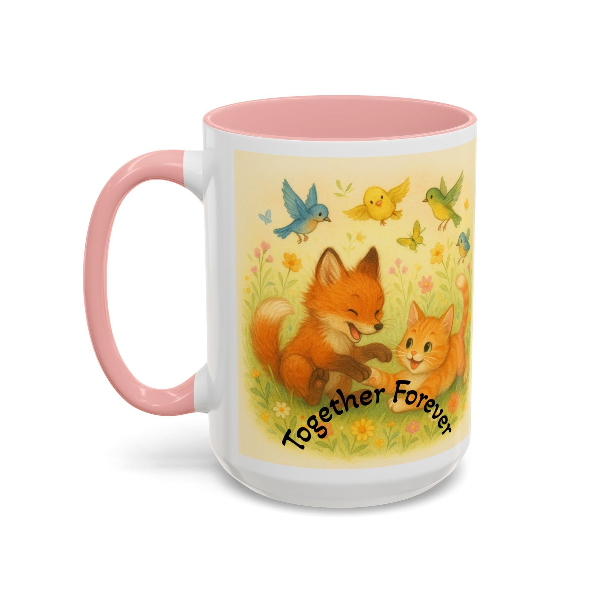 Whimsical Cat Mug with playful design featuring foxes and birds, creative gift for animal lovers.