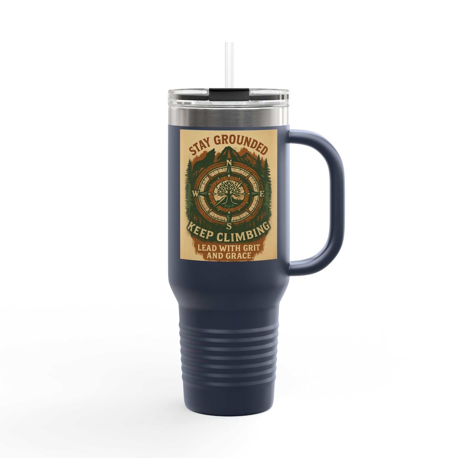40oz insulated Stay Grounded Travel Mug with handle, featuring a nature-inspired design, perfect for outdoor adventures.