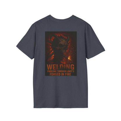 Welding Gift T-Shirt with "Forged in Fire" graphic for metalworkers and welders.