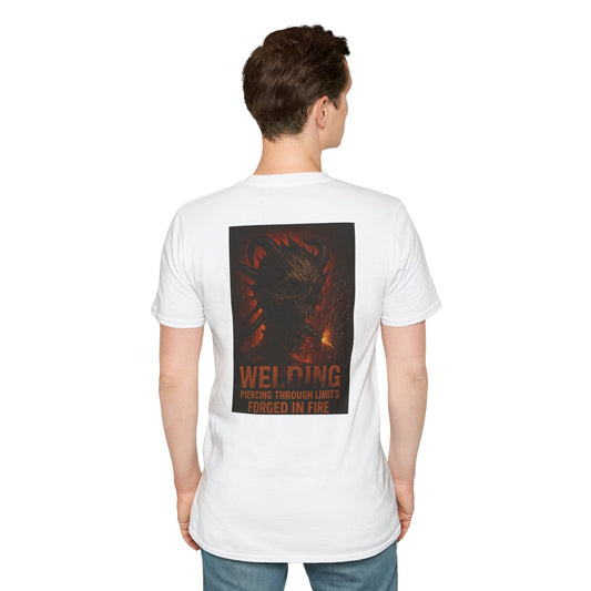 Welding Gift T-Shirt with "Forged in Fire" graphic for metalworkers, shown on back view.