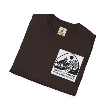 Welding Gift T-Shirt folded with bold "Strength Forged Through the Journey" graphic for metalworkers.