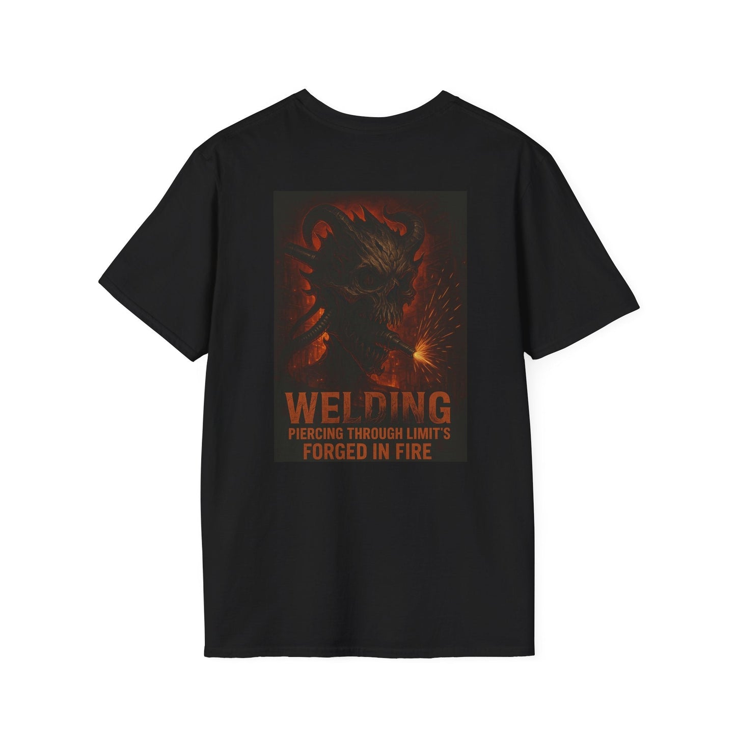 Welding Gift T-Shirt with "Forged in Fire" design for metalworkers, black tee with bold graphic.