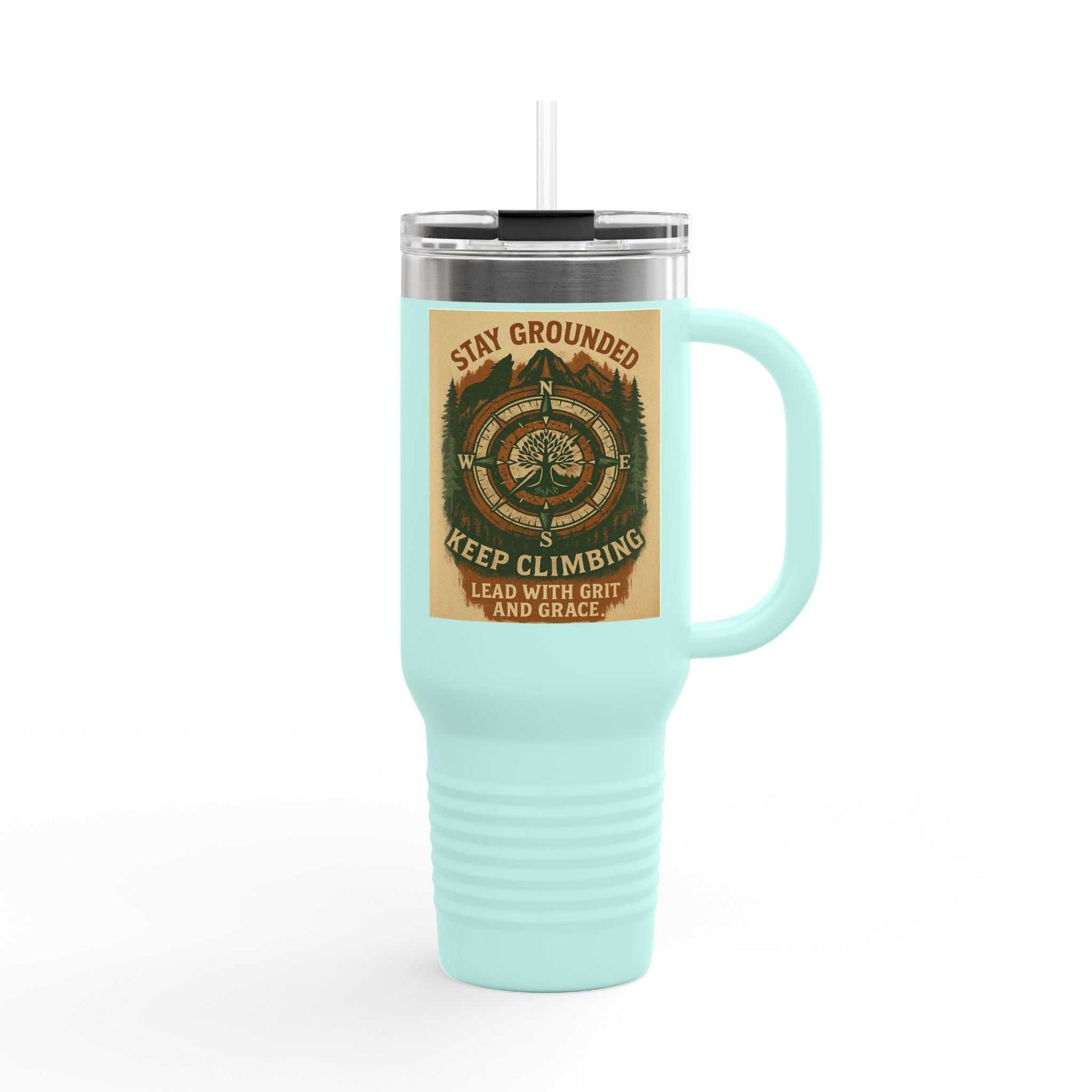 40oz Stay Grounded Travel Mug in blue with handle, featuring an inspirational outdoor-themed design, ideal for keeping drinks hot or cold.