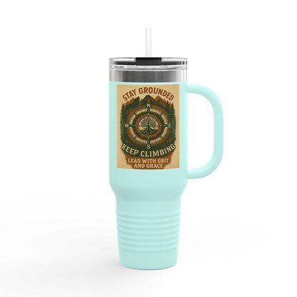 40oz Stay Grounded Travel Mug in blue with handle, featuring an inspirational outdoor-themed design, ideal for keeping drinks hot or cold.