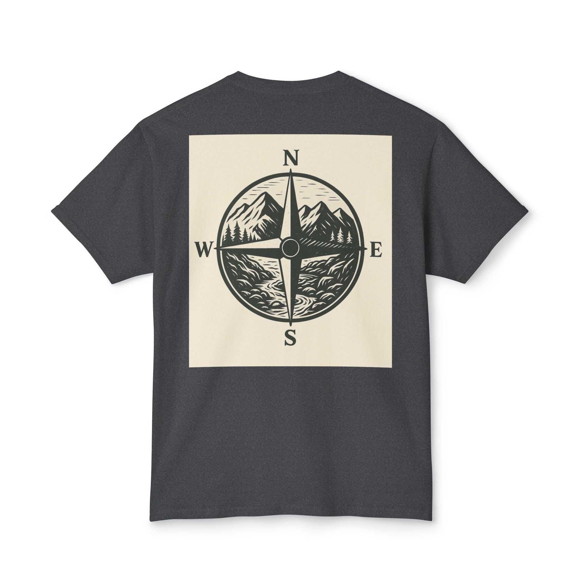 Montana Adventure Tee featuring a nature-inspired compass design on dark fabric, perfect for explorers and nature lovers.