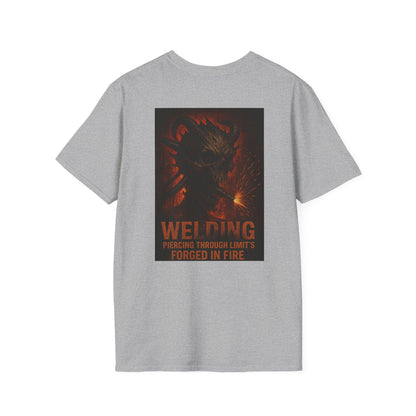 Welding Gift T-Shirt with "Forged in Fire" graphic for metalworkers and welders.