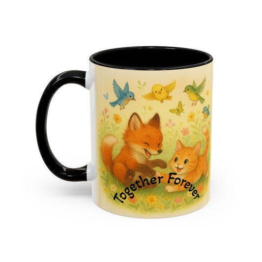 Whimsical Cat Mug with playful woodland design, perfect gift for cat and animal lovers.