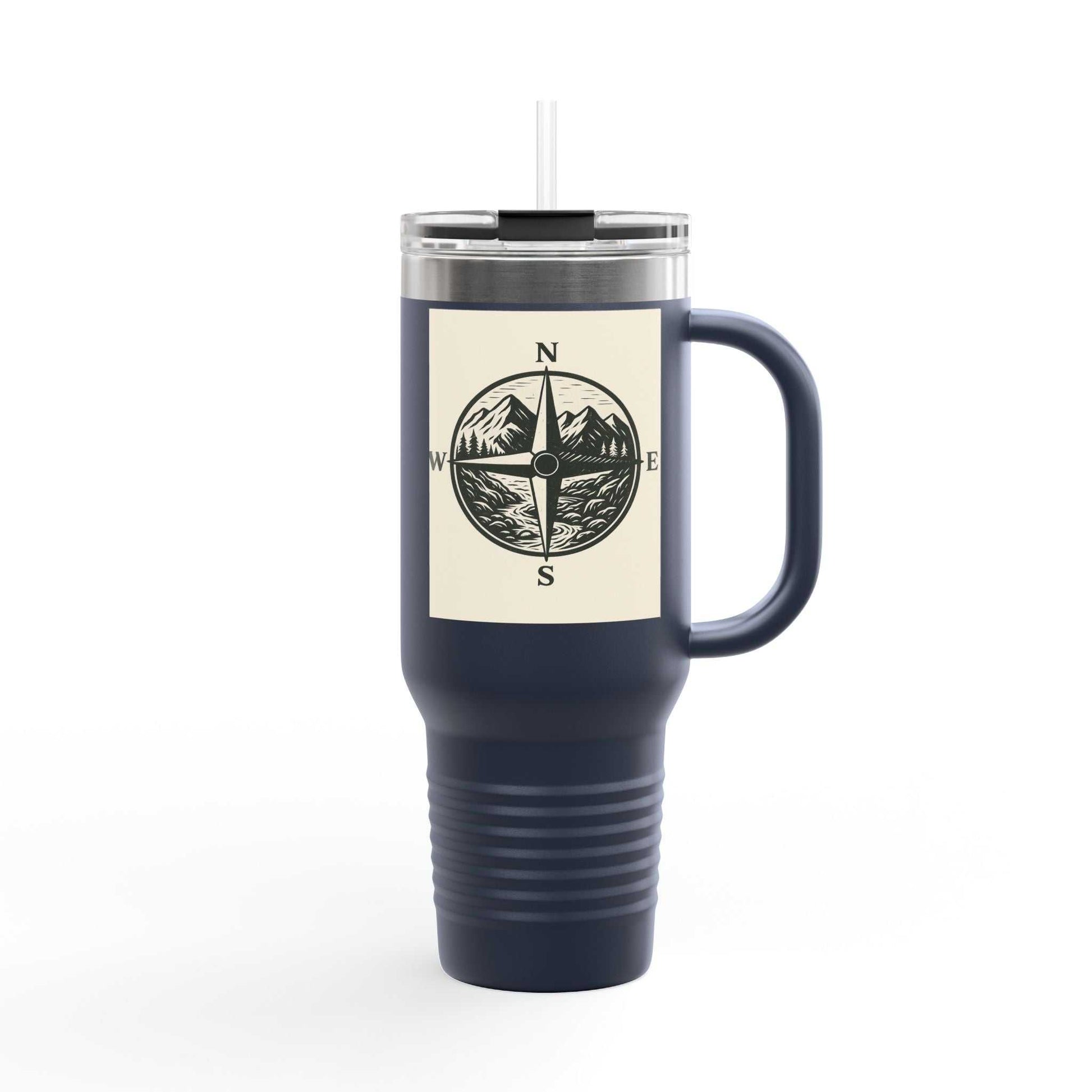 40oz Montana Compass Travel Mug with compass design, insulated stainless steel, ergonomic handle, and leak-proof lid. Ideal for outdoor adventures.