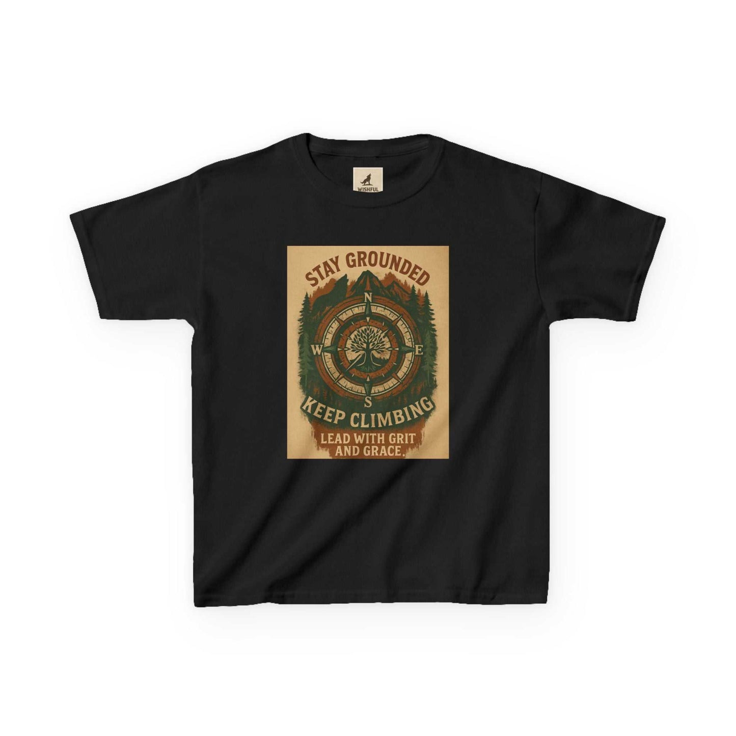 Adventure Kids Tee with nature-inspired motivational design, featuring "Stay Grounded & Bring The Good Energy" message.