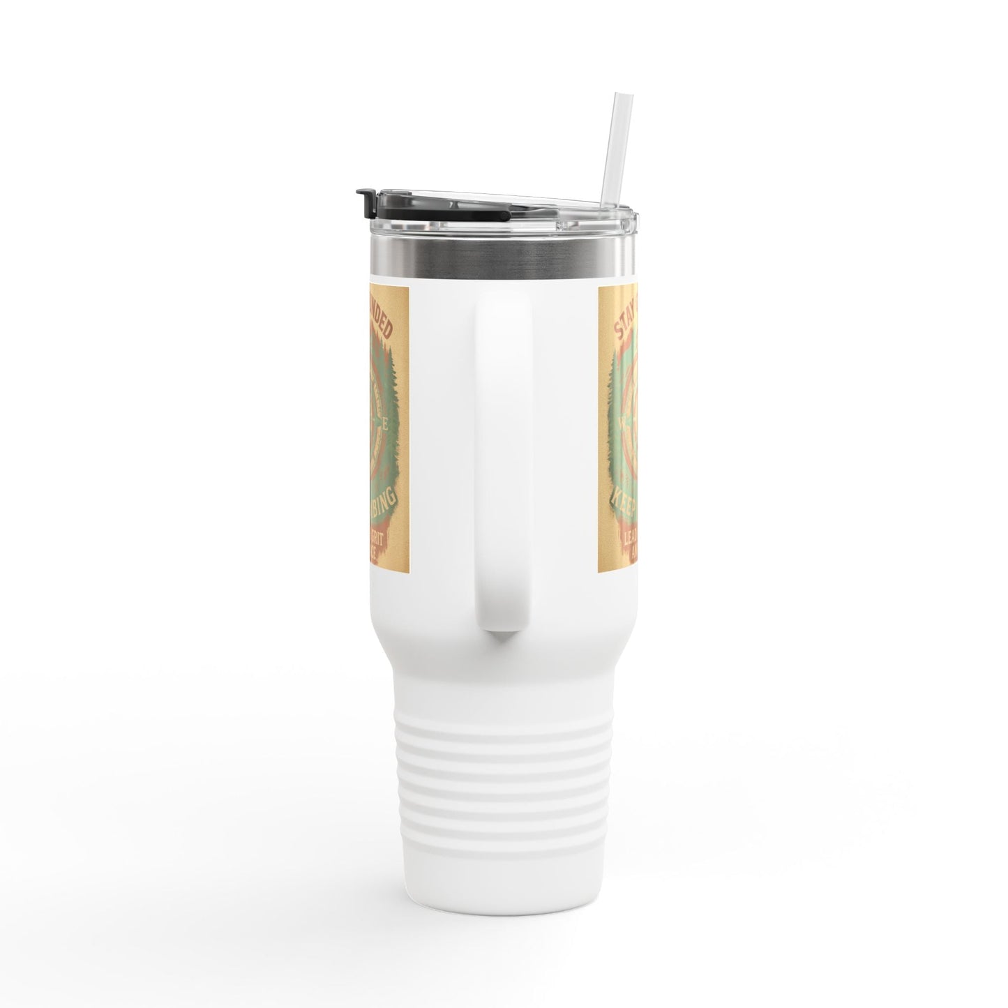40oz Stay Grounded Travel Mug with durable stainless steel, leak-proof lid, and ergonomic handle.