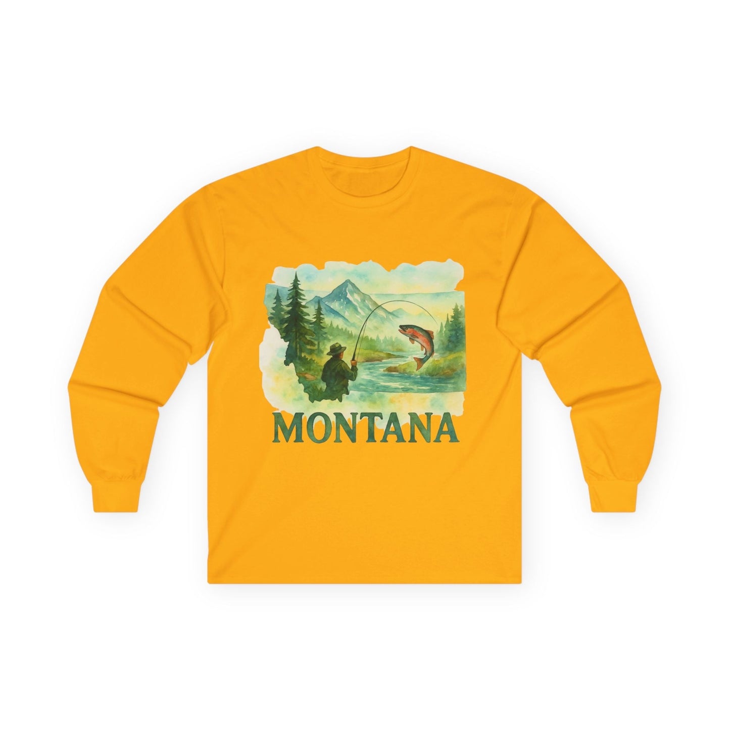 Yellow Montana Fishing Long Sleeve Tee with nature-inspired vintage graphic for men’s outdoor adventures.