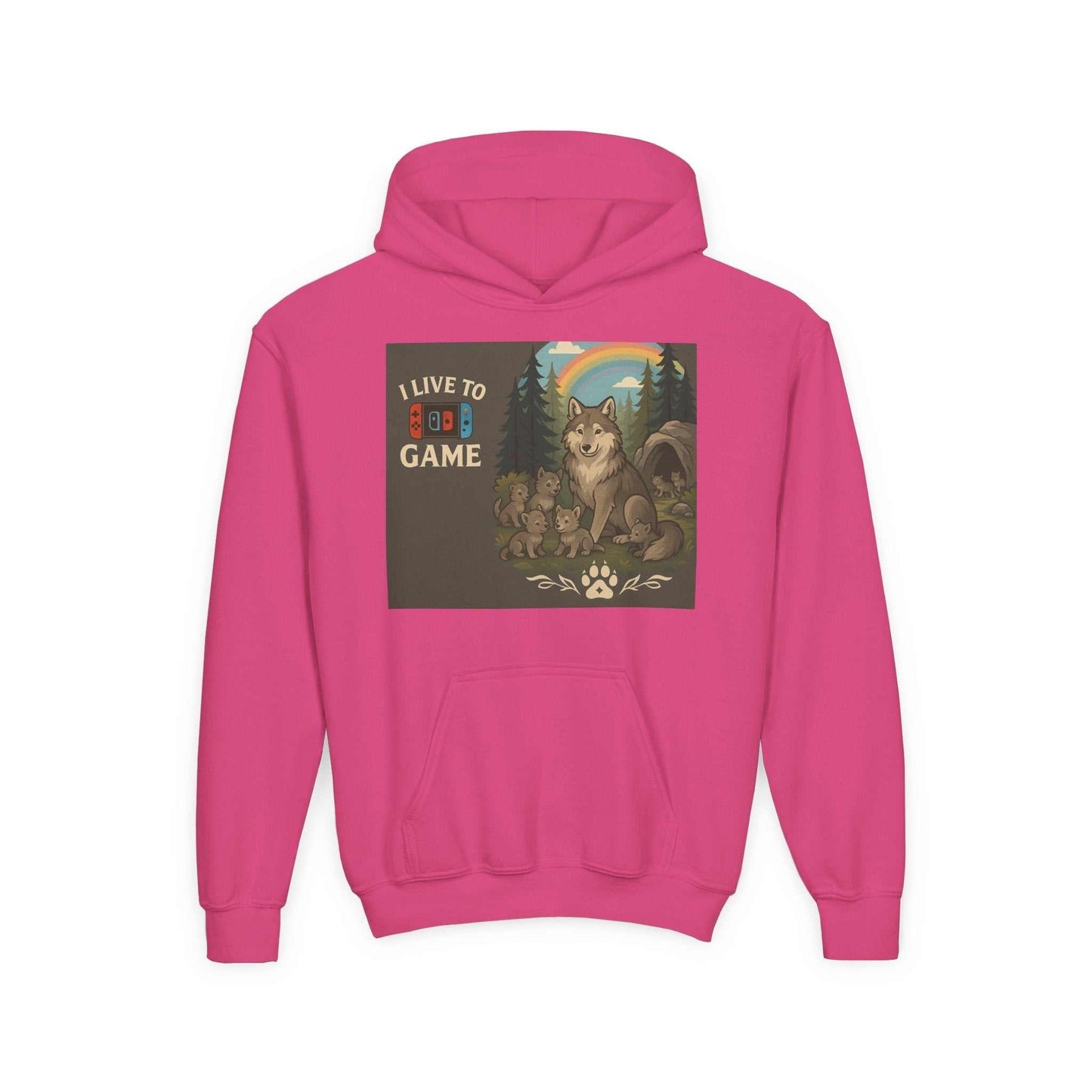 Youth wildlife hoodie in pink with nature graphics, featuring a wolf design and motivational quote, perfect for adventurous kids.