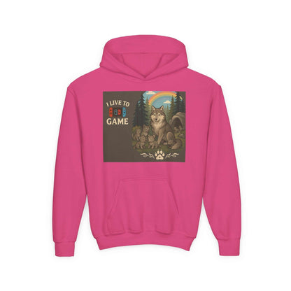 Youth wildlife hoodie in pink with nature graphics, featuring a wolf design and motivational quote, perfect for adventurous kids.