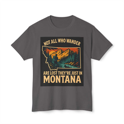 Nature-inspired Montana Adventure Tee with mountain graphic and hiker, perfect for exploring and outdoor enthusiasts.