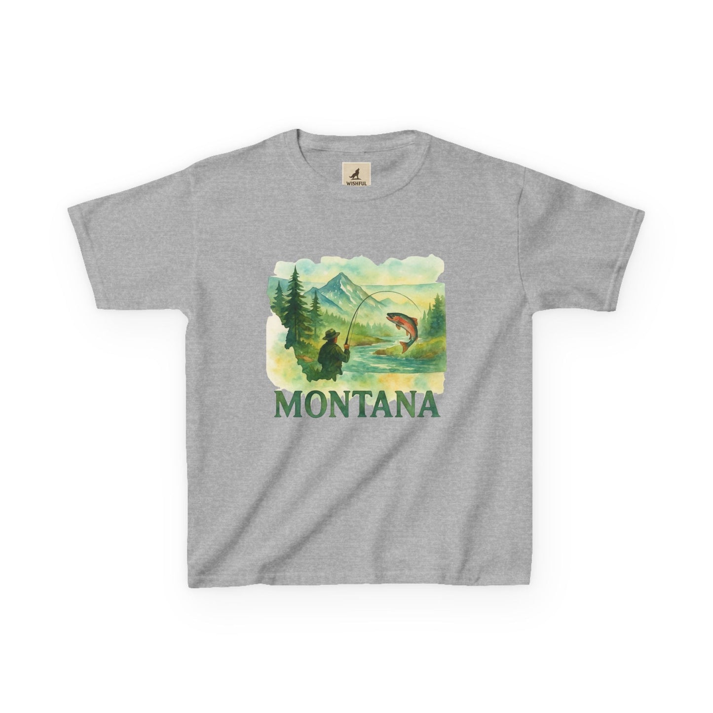 Montana Adventure Kids Tee with nature-inspired graphic, gray youth shirt.
