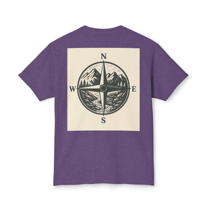 Purple Montana Adventure Tee featuring a nature-inspired compass design on the back, ideal for outdoor enthusiasts.