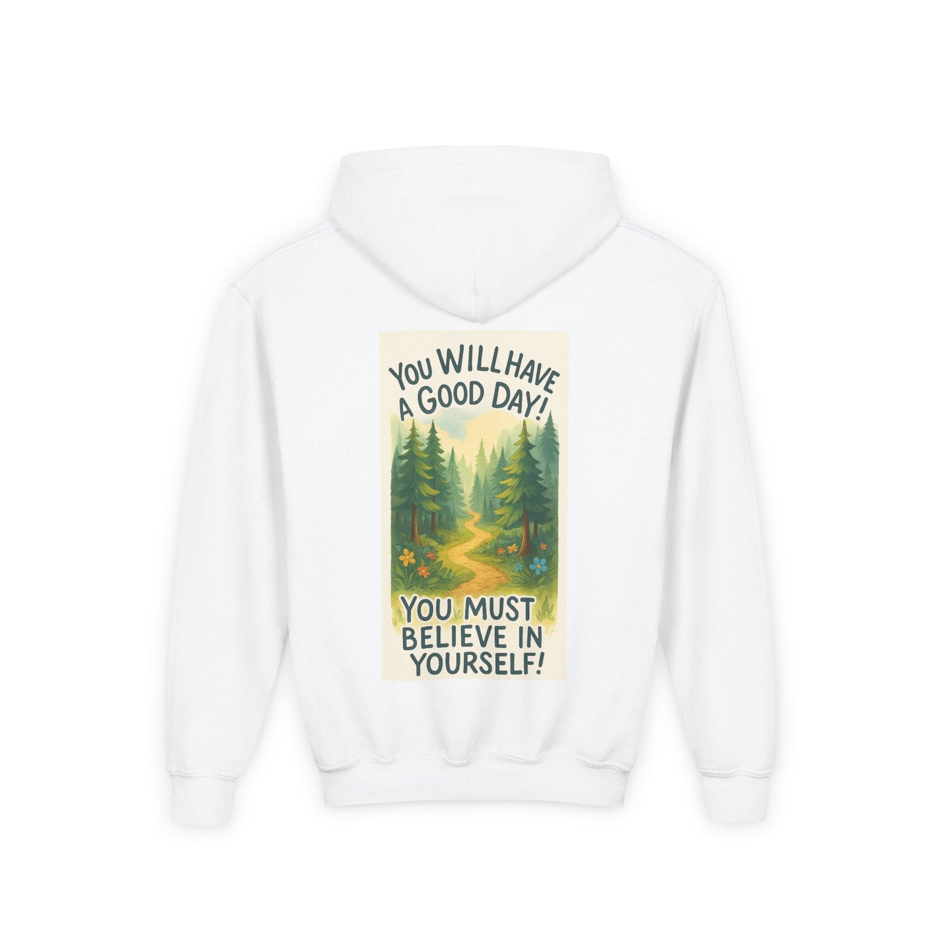 Youth Wildlife Hoodie with forest graphics and inspirational nature quote.