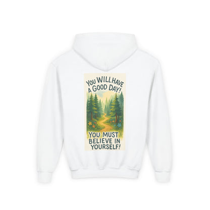 Youth Wildlife Hoodie with forest graphics and inspirational nature quote.