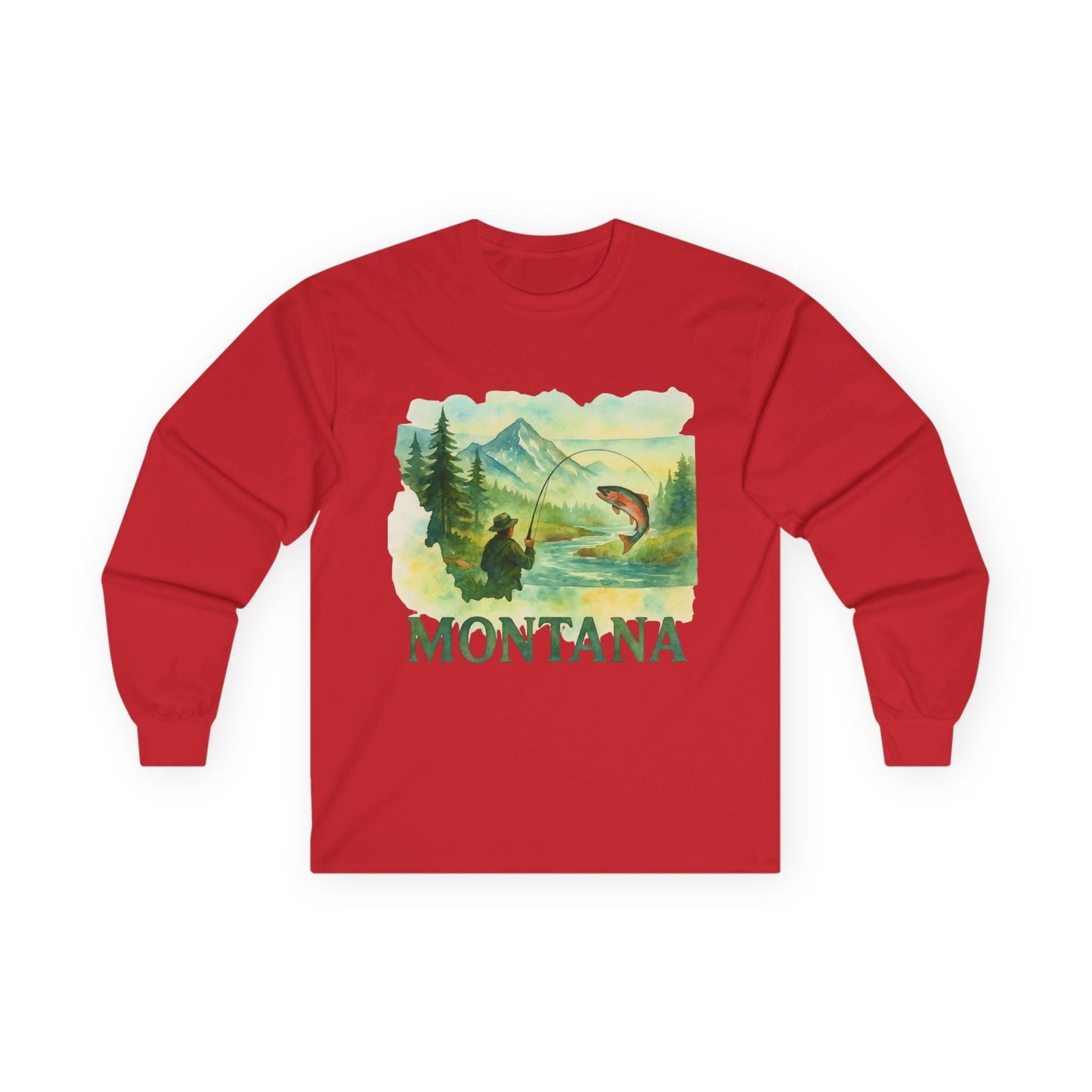 Red long sleeve tee with Montana fishing print, outdoor theme, eco-friendly fabric.