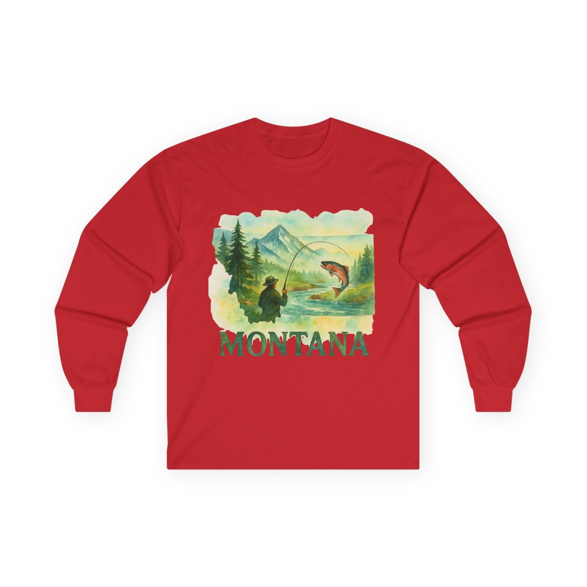 Red long sleeve tee with Montana fishing print, outdoor theme, eco-friendly fabric.