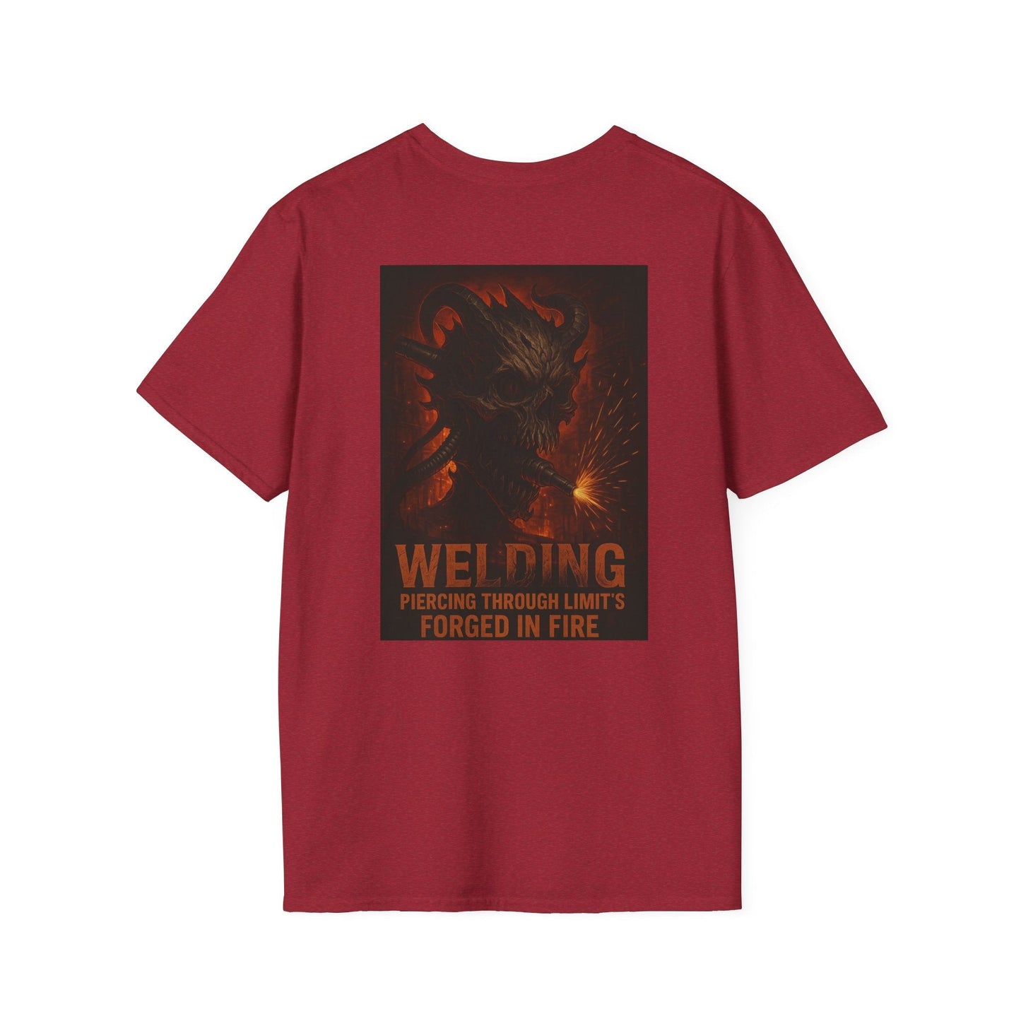 Red Welding Gift T-Shirt with "Forged in Fire" graphic, ideal for welders and metalworkers.