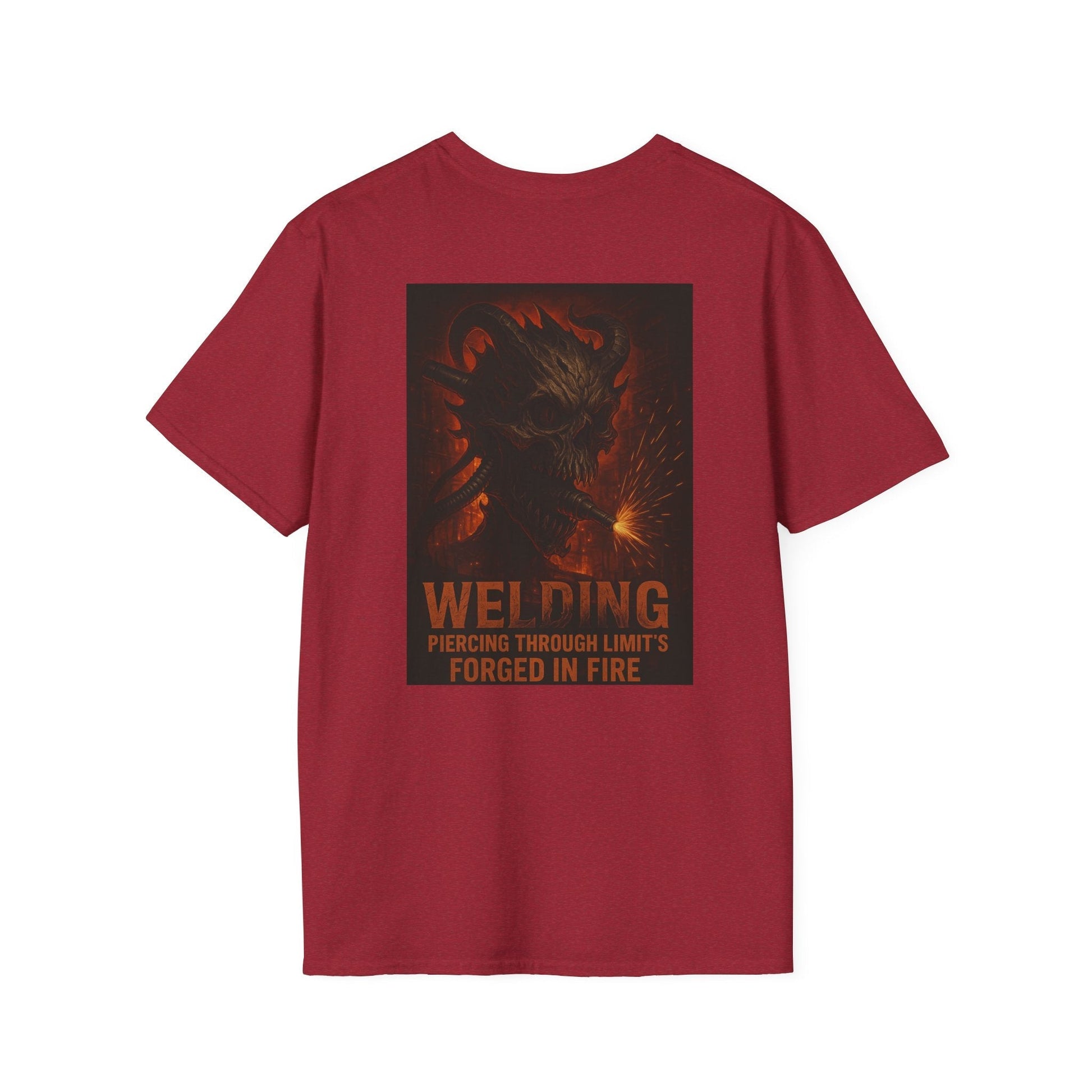 Red Welding Gift T-Shirt with "Forged in Fire" graphic, ideal for welders and metalworkers.