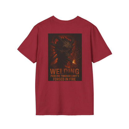 Red Welding Gift T-Shirt with "Forged in Fire" graphic, ideal for welders and metalworkers.