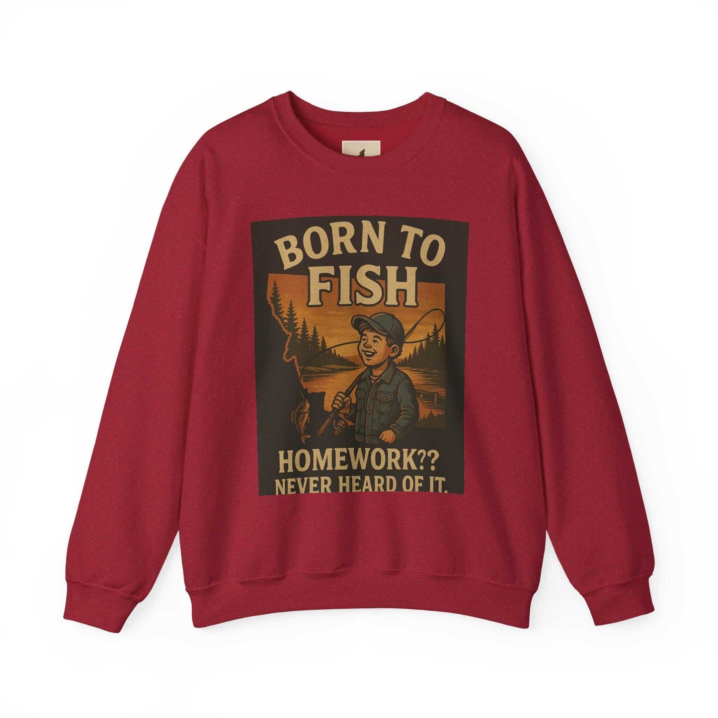 Red "Born to Fish" sweatshirt with illustrated angler design and humorous text, ideal for fishing enthusiasts.