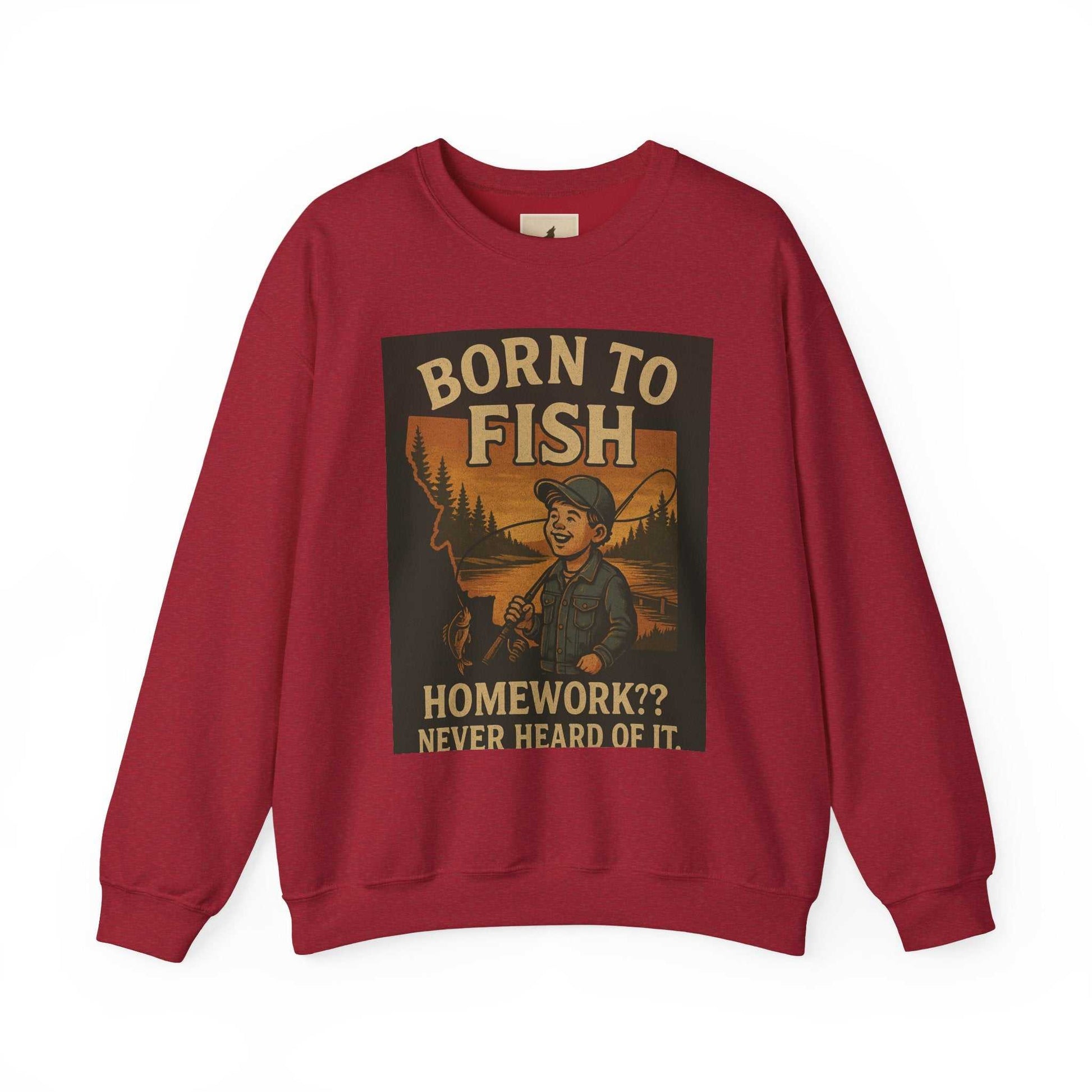 Red "Born to Fish" sweatshirt with illustrated angler design and humorous text, ideal for fishing enthusiasts.