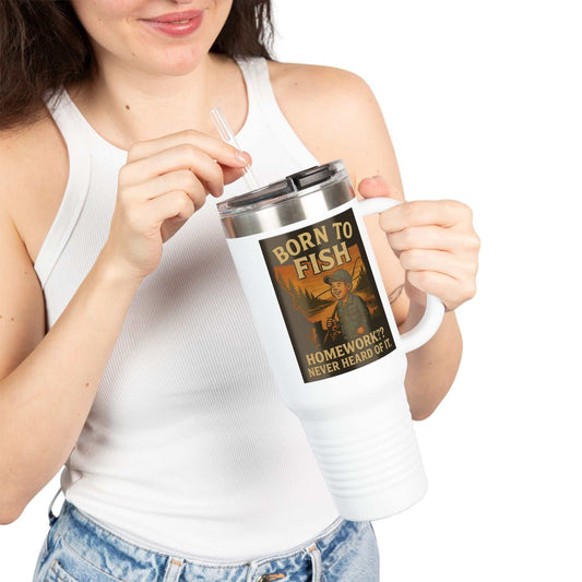 Born to Fish 40oz Travel Mug with ergonomic handle and leak-proof lid.