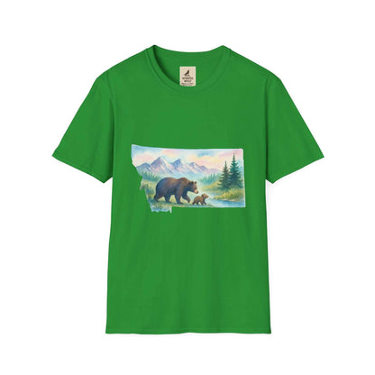 Montana Adventure Tee with vintage bear graphic on green shirt for nature lovers.