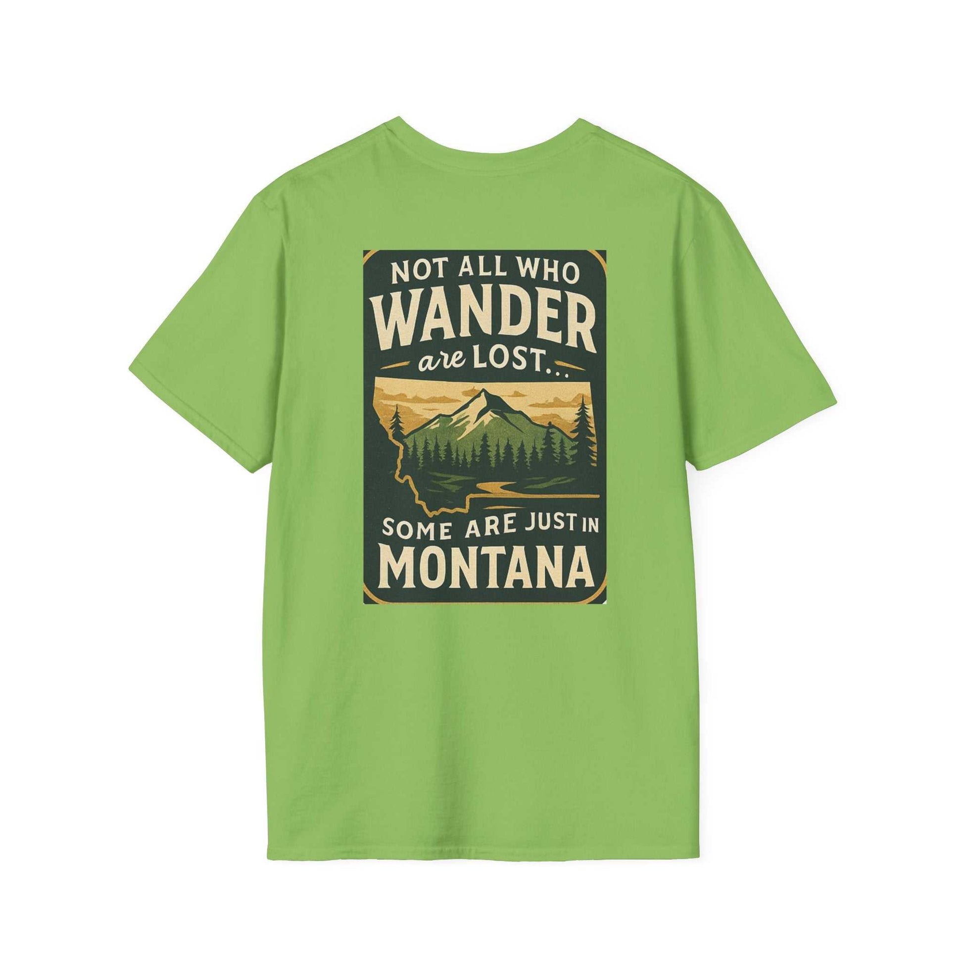 Montana Adventure Tee with wilderness graphic and inspirational quote on a green shirt.