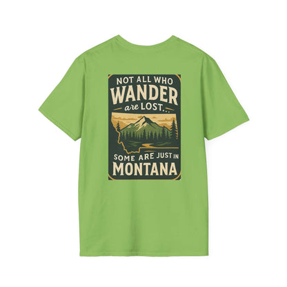 Montana Adventure Tee with wilderness graphic and inspirational quote on a green shirt.
