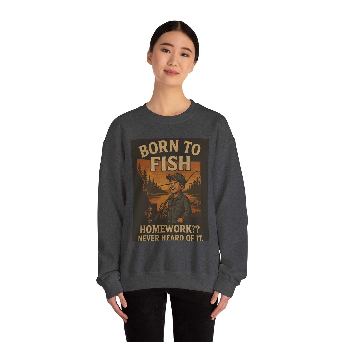 Born to Fish Sweatshirt with fishing graphic design worn by woman, emphasizing comfort and outdoor lifestyle.