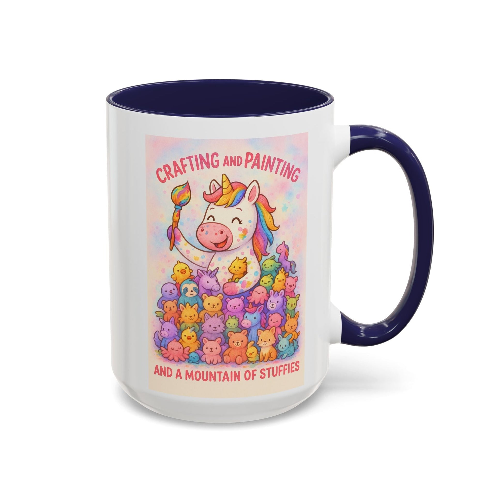 Whimsical Cat Mug featuring playful cat and unicorn design, ceramic, 11oz and 15oz sizes.