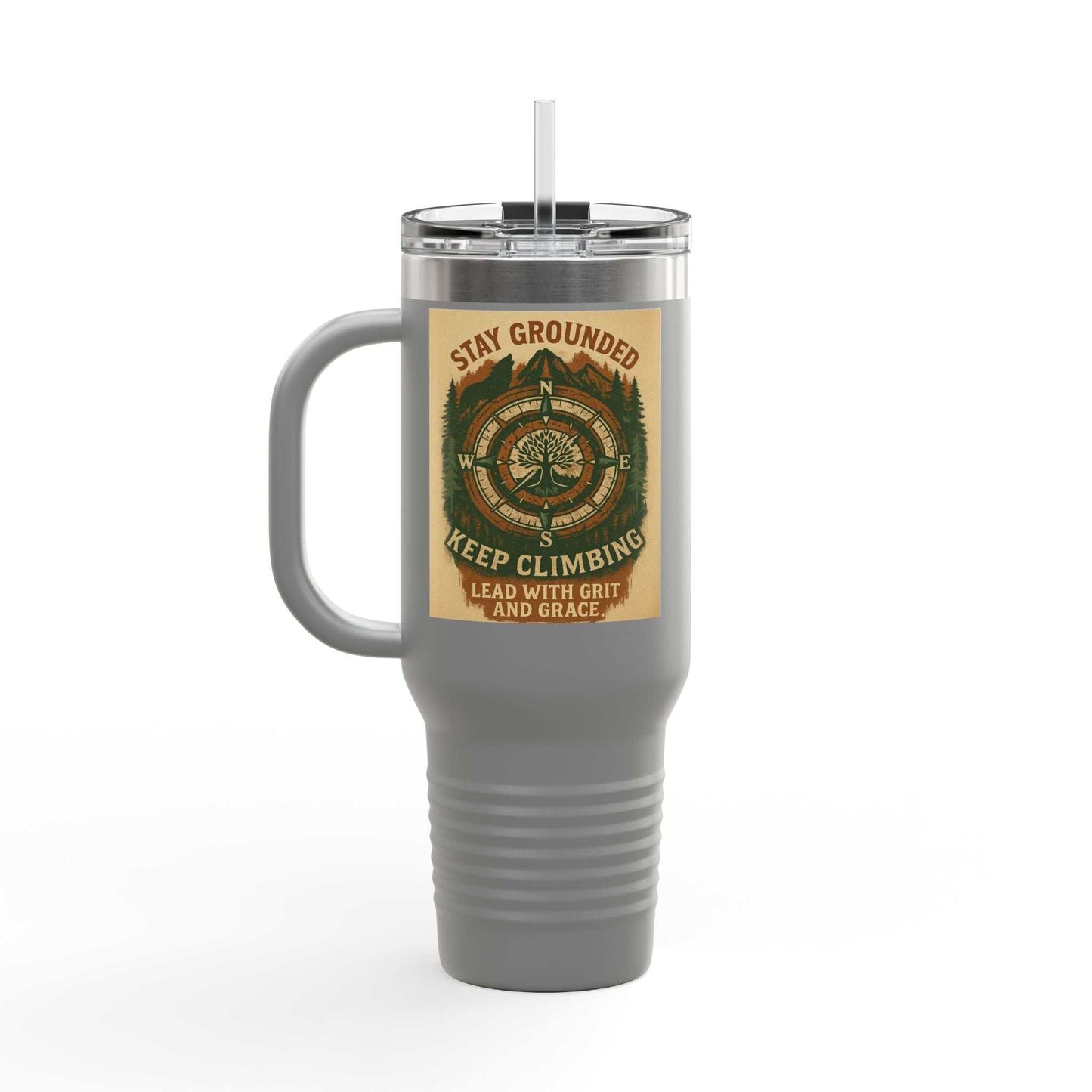 40oz Stay Grounded Travel Mug with handle and inspirational message; ideal for outdoor enthusiasts and everyday use.