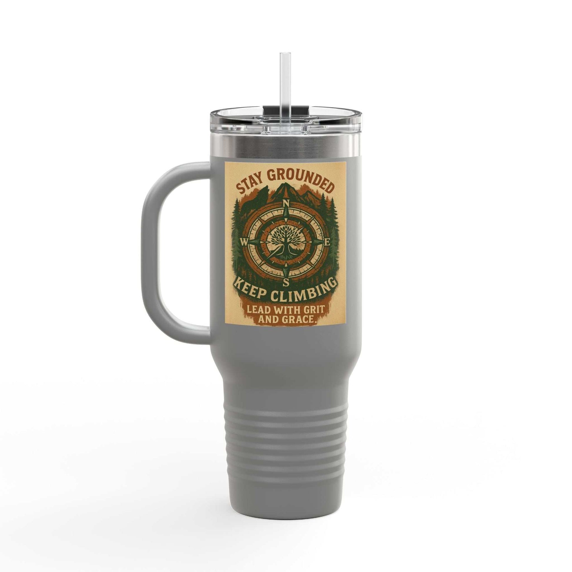 40oz Stay Grounded Travel Mug with handle and inspirational message; ideal for outdoor enthusiasts and everyday use.