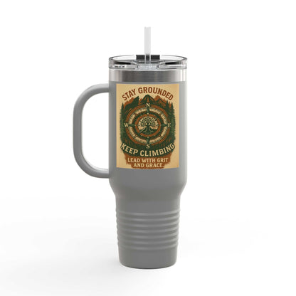 40oz Stay Grounded Travel Mug with handle and inspirational message; ideal for outdoor enthusiasts and everyday use.