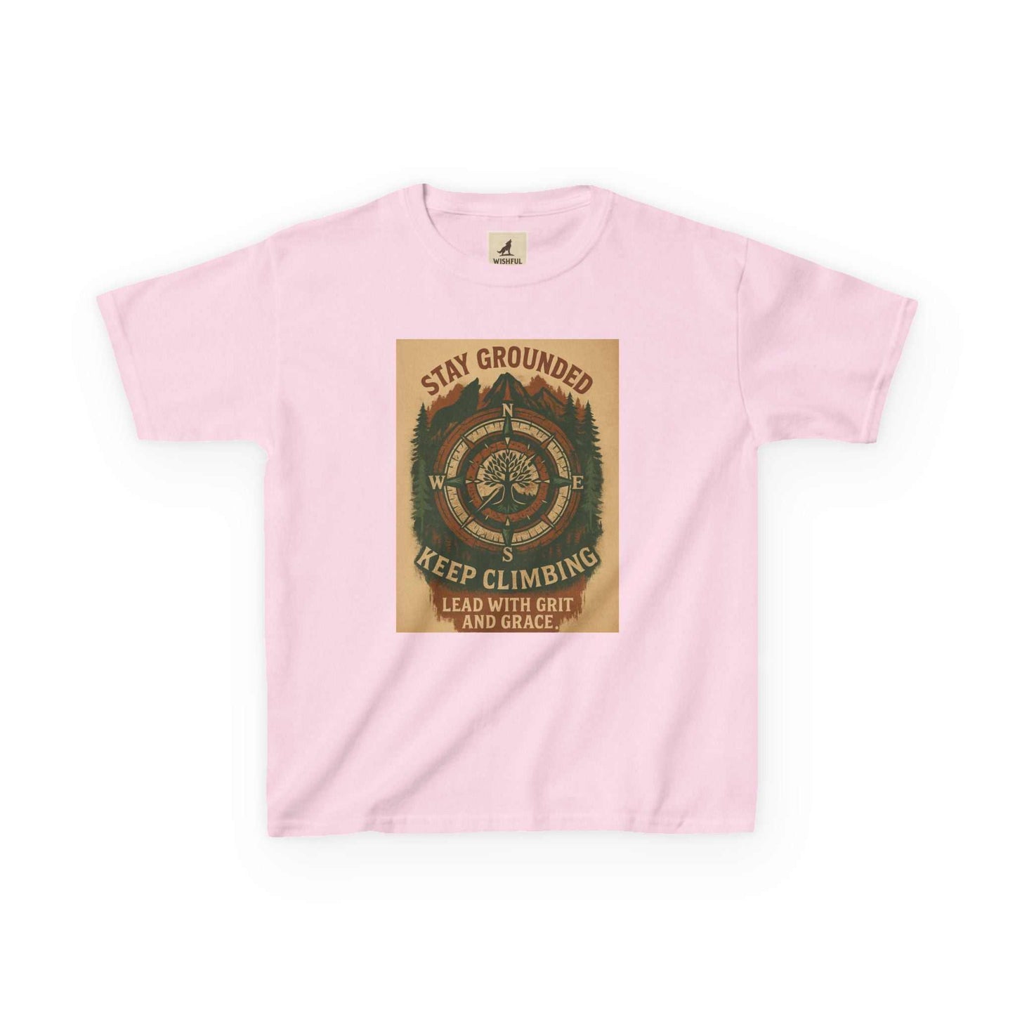 Pink Adventure Kids Tee with nature-inspired design and motivational text, perfect for curious and adventurous children.
