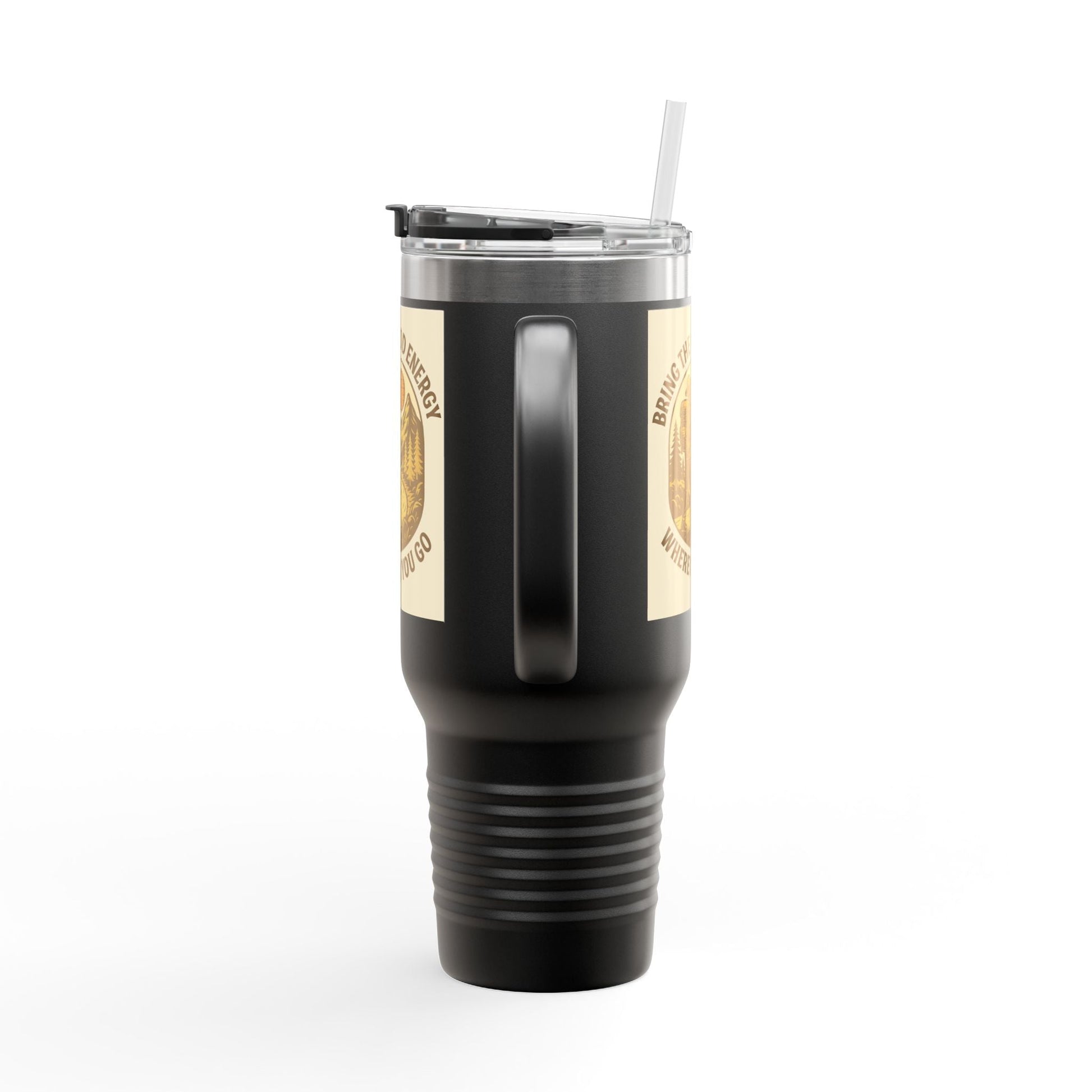40oz Insulated Good Energy Only Mug with ergonomic handle and straw.