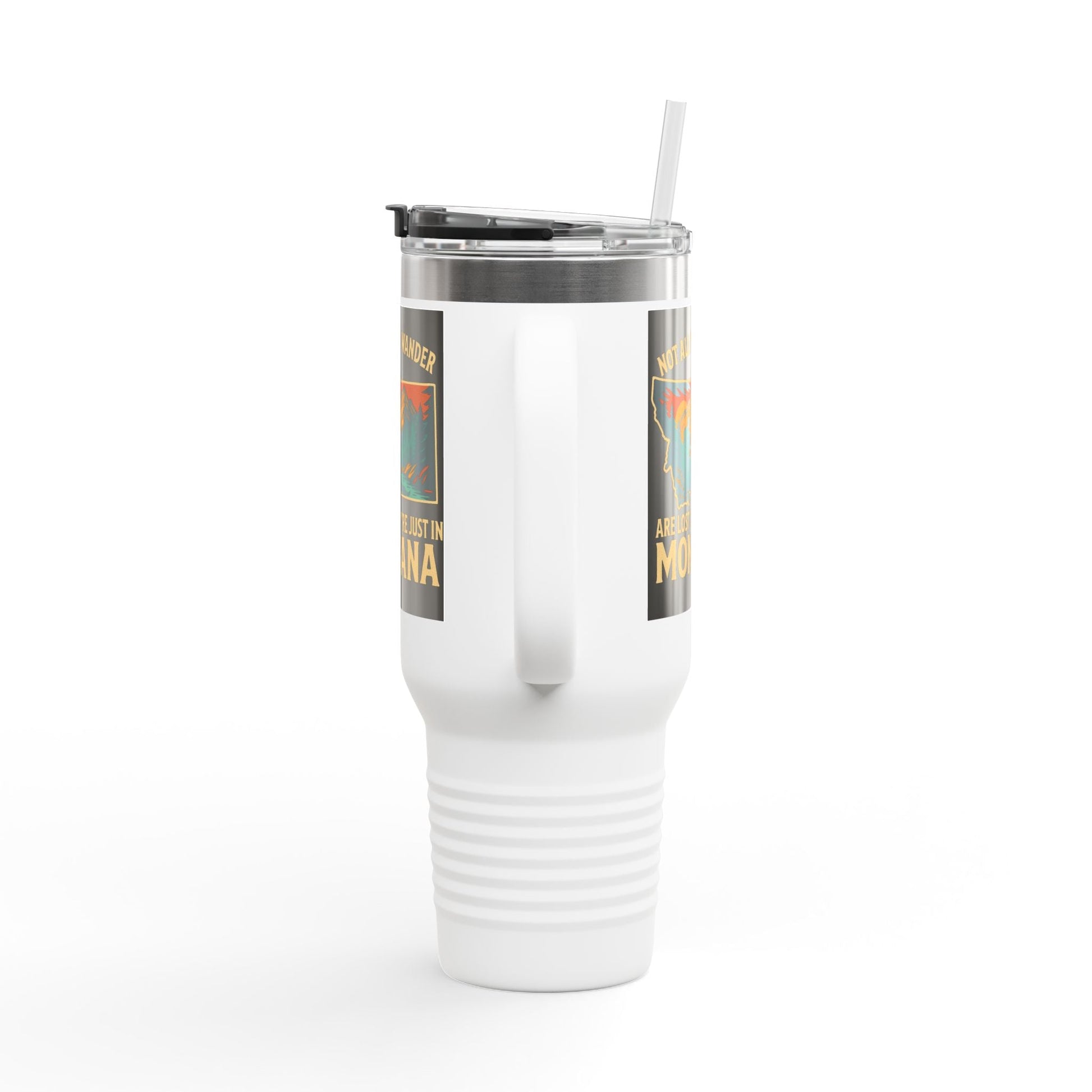 Large white Montana Adventure Mug with ergonomic handle, stainless steel construction, and spill-proof lid, perfect for outdoor enthusiasts.