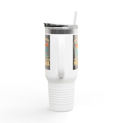 Large white Montana Adventure Mug with ergonomic handle, stainless steel construction, and spill-proof lid, perfect for outdoor enthusiasts.