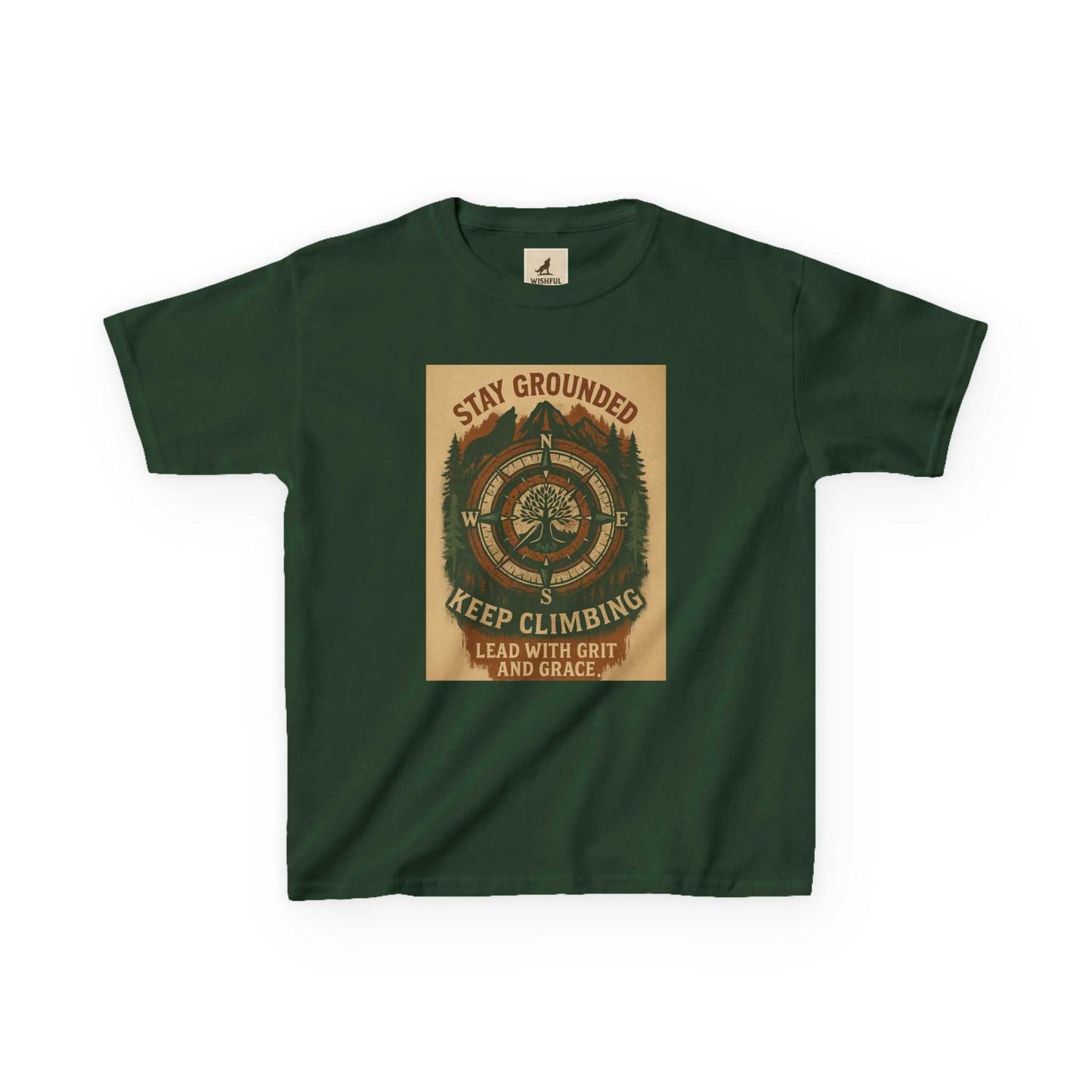 Nature-inspired Adventure Kids Tee with motivational design promoting mindfulness and exploration for children.