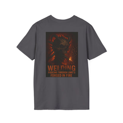Welding Gift T-Shirt with "Forged in Fire" graphic for metalworkers, featuring a bold design on soft, ring-spun cotton.