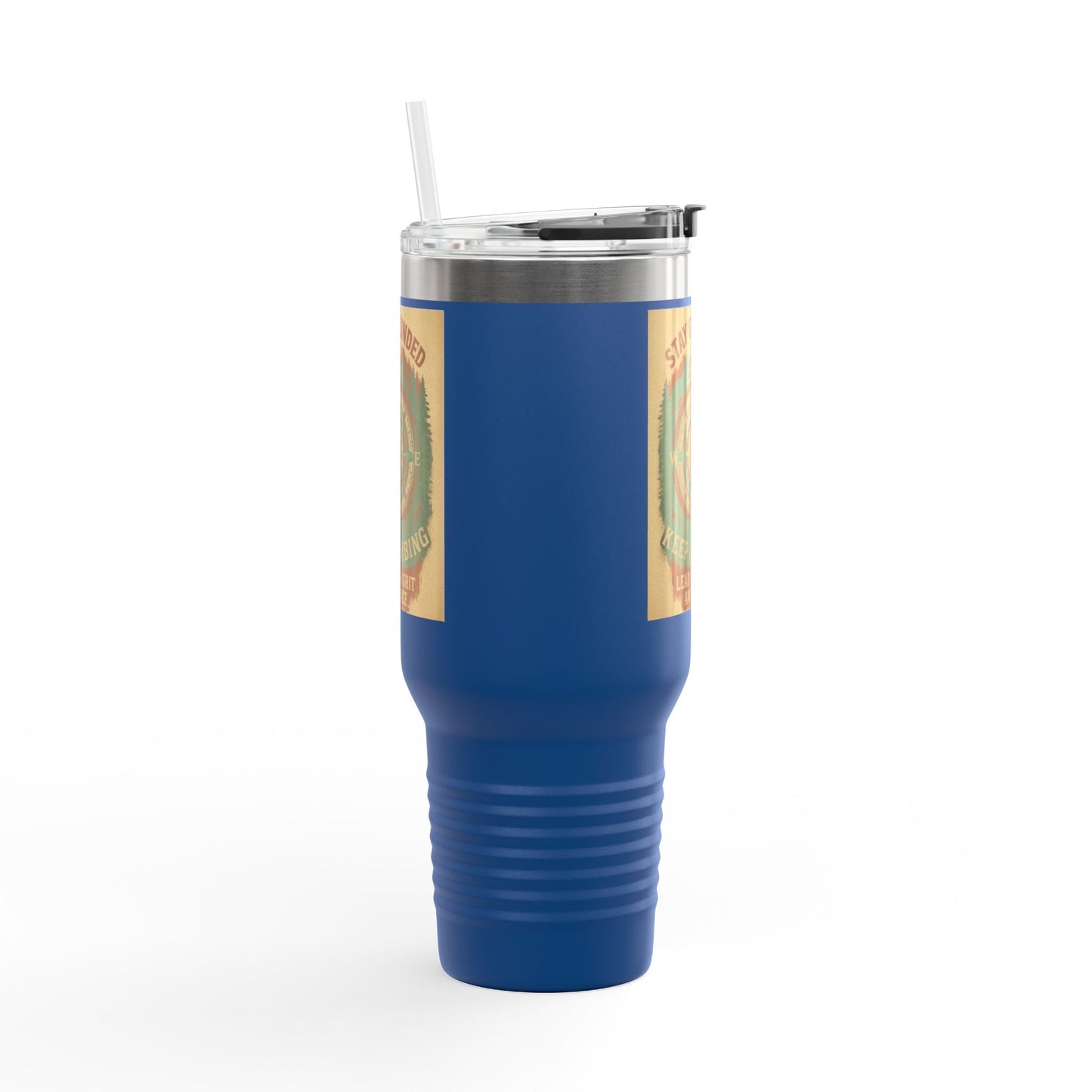 40oz Stay Grounded Travel Mug with blue stainless steel body and insulated tumbler design.