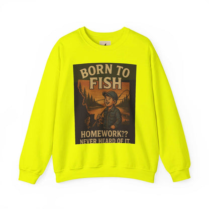 Born to Fish Sweatshirt featuring bold design for anglers, medium-heavy cotton-poly blend, perfect for fishing enthusiasts.
