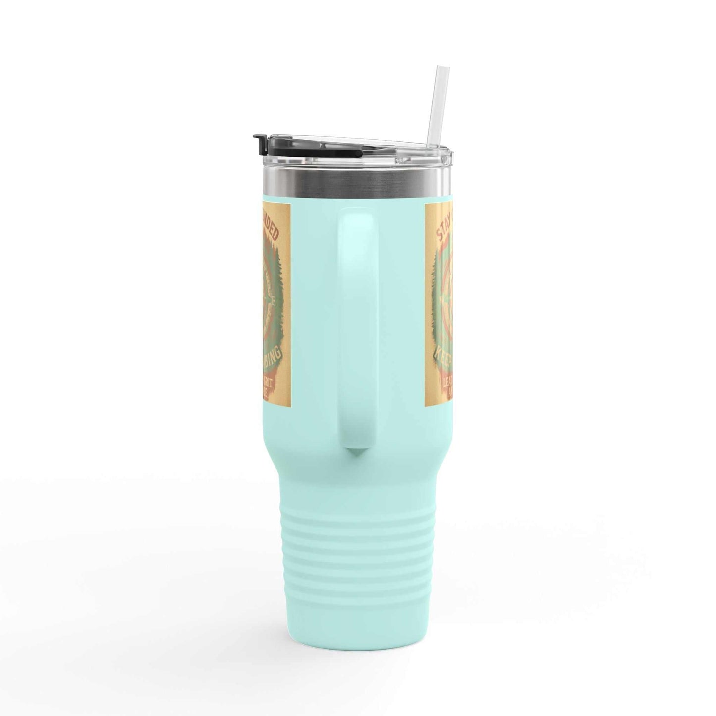 40oz Stay Grounded Travel Mug with straw, durable stainless steel, double-wall insulated, ergonomic handle, light blue color.