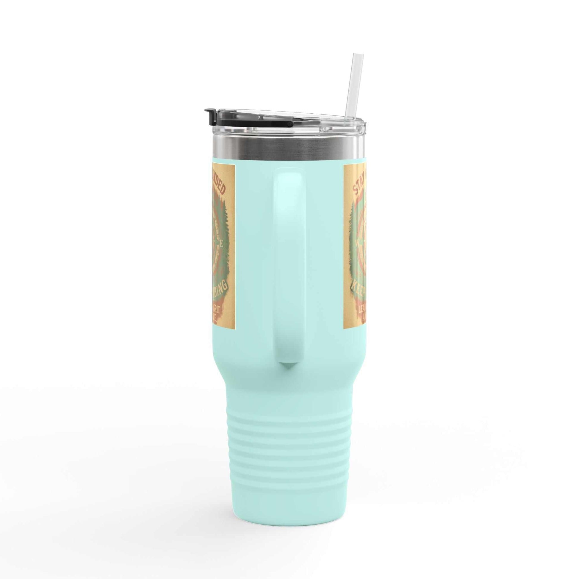 40oz Stay Grounded Travel Mug with straw, durable stainless steel, double-wall insulated, ergonomic handle, light blue color.